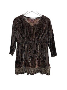 Cato Velvet Paisley Babydoll Tunic Womens Size Large Brown Sequins 3/4 Sleeves